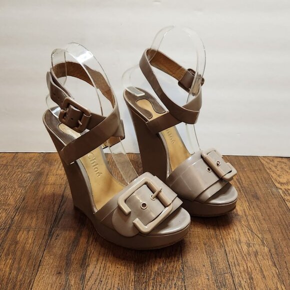 CHLOE Platform Dark Mauve Wedges with Large Buckle - Picture 5 of 12